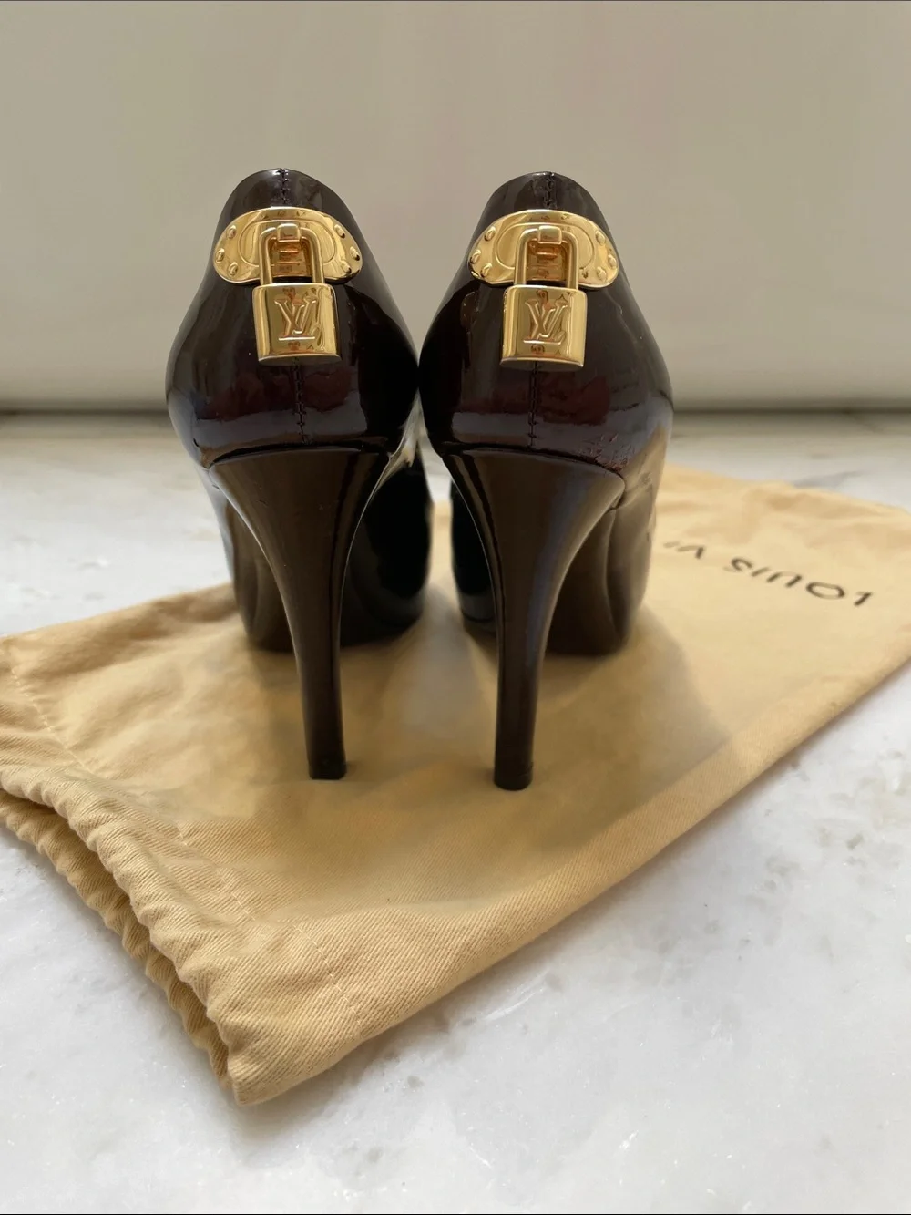 Louis Vuitton Brown Patent Peep-Toe Stiletto Heels with Gold Hardware